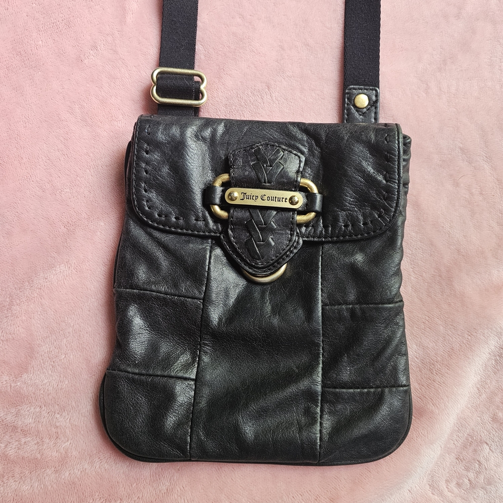 Juicy Couture Black Leather & Gold Crossbody Bag Y2K